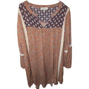 Umgee Plus Size 2XL Boho Mixed Floral Geometric Print Lace Trim Tunic Dress Rust